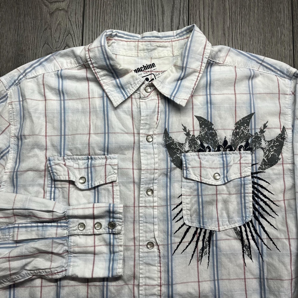 Vintage Machine y2k Pearl Snap Button Down Up Shirt XL Tribal Rockabilly White